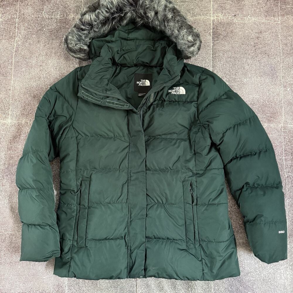 Women's The North Face Forest Green 550 Down Puffer Gotham Parka Jacket Sz XL